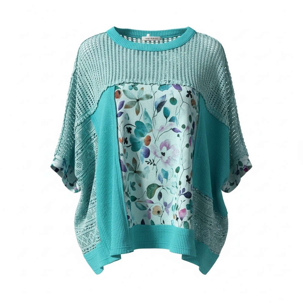 POL Turquoise Floral Patchwork Top Boho Oversized Lace Knit Tunic Boutique L New